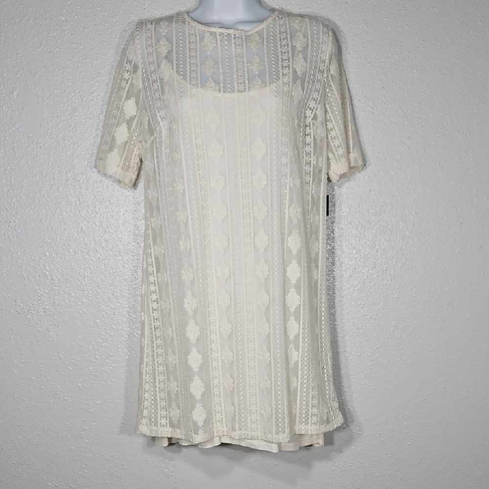 NWT Forever 21 Cream Lace Overlay Short Sleeve Summer Slip Mini Dress M